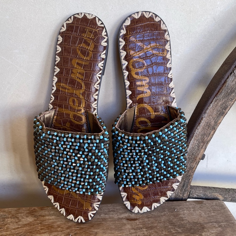 SAM EDELMAN Cute Brown Lt Blue Beaded Slides Raffia Whip Stitched Detail 8M Rare